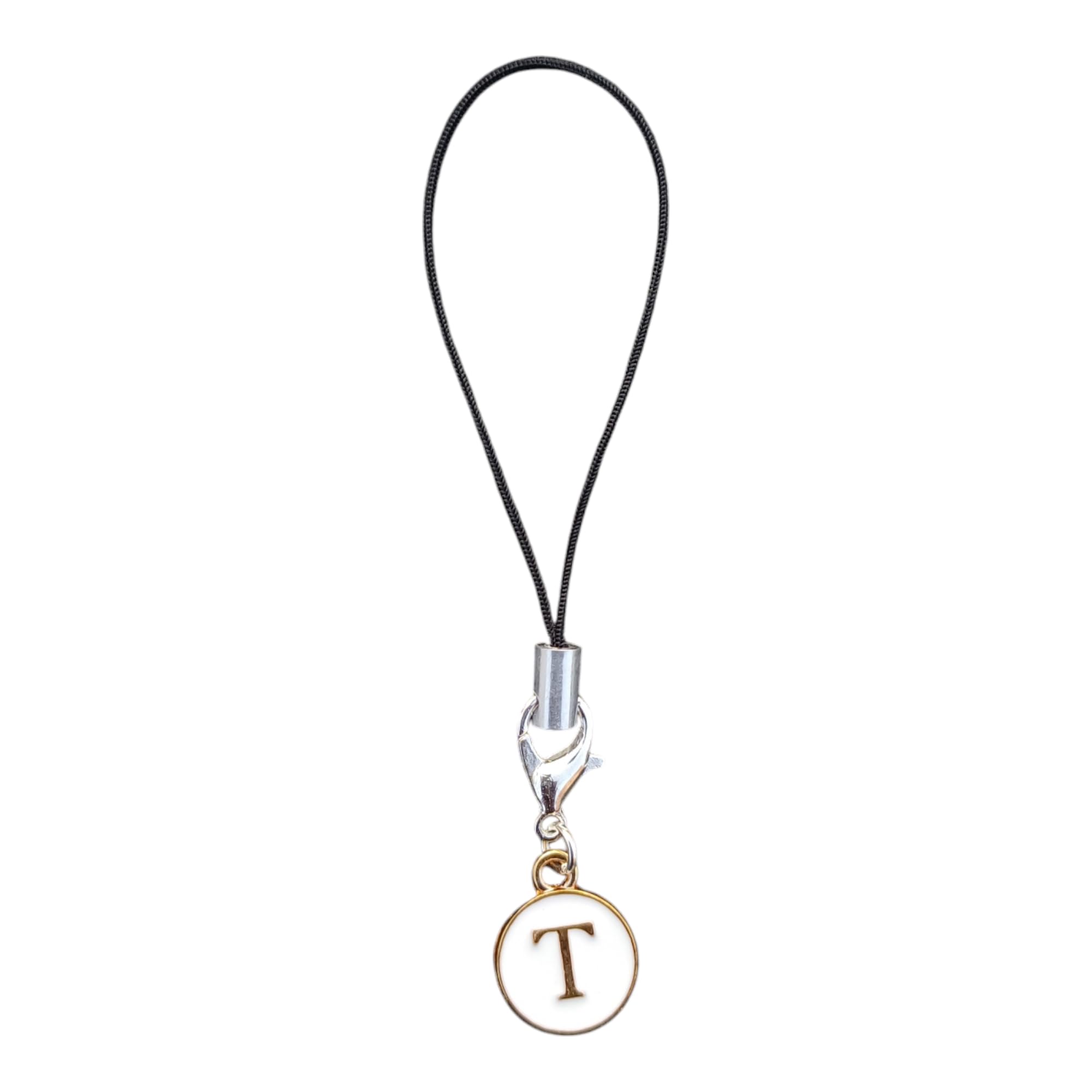 Letter T Initial Charm Phone Strap White Enamel Gold Tone Metal | Adds a stylish decorative touch to phones, tablets, cameras, keychains, bags-image-21