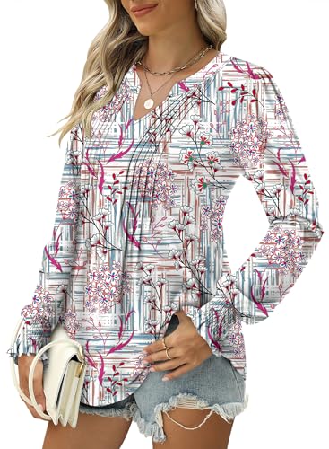 BETTE BOUTIK Long Sleeve Shirts for Women Fall Tops Dressy Blouses Pleated V Neck Tunic Tops for Leggings S-3XL