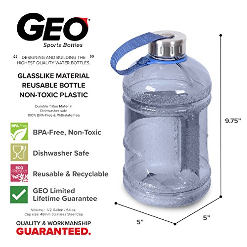 Geo Sports Bottles 1/2 Gallon (64 Oz) Bpa Free Reusable Leakproof Wide Mouth Sports Water Jug Bottle With Handle And 48Mm Stainless Steel Cap (Natural Blue) #TOP4