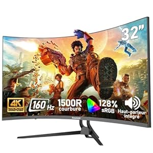 Gawfolk Écran PC 32 pouces 4K UHD incurvé 1500R, moniteur de jeu eSports 160Hz, 1ms, Adaptive Sync, 128%sRGB, grand angle de vision 178°,Haut-parleur intégré,HDMI 2.1, DisplayPort, VESA 75*75mm-Noir