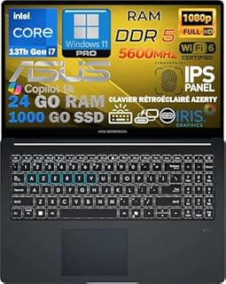 ASUS Ordinateur Portable Intel i7 13ème 10 Coeurs 5Ghz, RAM 24 Go DDR5, SSD PCIe 1To, écran IPS 15,6 Full HD, WiFi6E, 4USB, Empreinte Digitale, Clavier rétroéclairé, Win11, déjà configuré, AZERTY