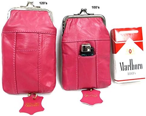 Two Piece Kiss-Lock Hot Pink Genuine Soft Leather Cigarette Case Pouch Lighter Pocket 100s + 120s