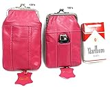 Two Piece Kiss-Lock Hot Pink Genuine Soft Leather Cigarette Case Pouch Lighter Pocket 100s + 120s