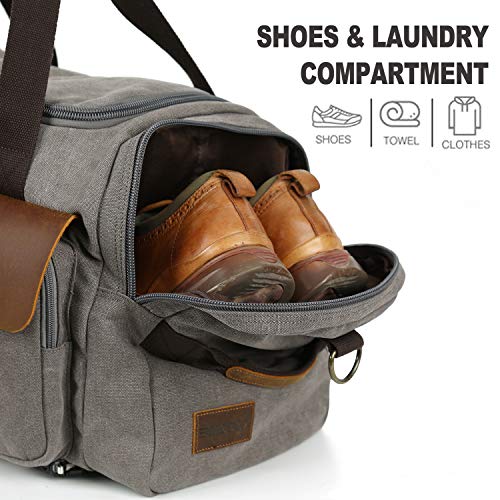 Canvas Duffle Bag, Aocome Overnight Bag for Men and Women Traveling, Genuine Leather Trim Travel Weekender Bag with Shoe Compartment, Large Carryon Luggage Bag With Shoulder Strap