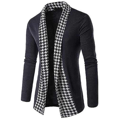 Mens Casual Lightweight Long Cardigan Shawl Collar Long Sleeve Slim Fit with Houndstooth Placket for Outings