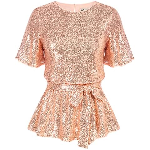 GRACE KARIN Blusa de manga corta con lentejuelas brillante y cinturón oro rosa Cover
