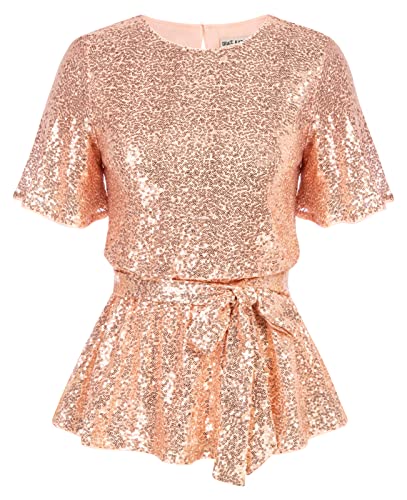 2023 Womens Tie Elastic Waist Tops Short Sleeve Sequin Top Summer Elegant T Shirts Rose Gold 2Xl #TOP17
