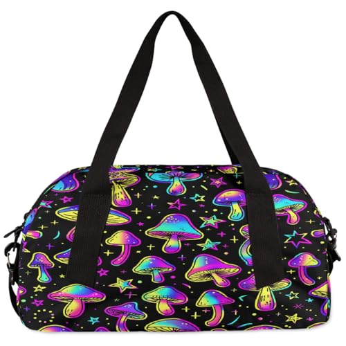 Rainbow Mushrooms Stars Kids Overnight Duffle Bags for Girls Boys, Mushrooms Print Lightweight Sports Gym Bag for Kids，Small Overnight Weekender Carry on Travel Bags Dance Bag4