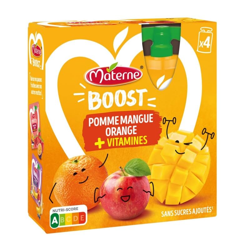 Gourdes de Compote Haut de Gamme Materne Boost Pomme Mangue Orange + Multivitamines 4x90g - 360g | Épicerie Sucrée Bio | Vitamines Naturelles - Le Lot De 4
