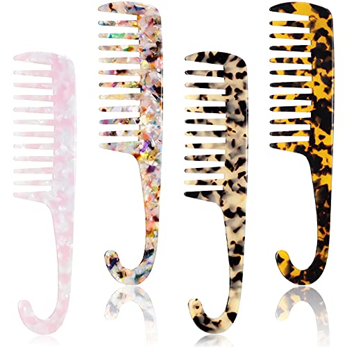 4 Pieces Wide Tooth Comb Shower Comb with Hook Cellulose Acetate Hair Combs Large Tooth Detangler Shower Comb No Static Hair Detangling Comb for Women Girls Long Wet Dry Hair
