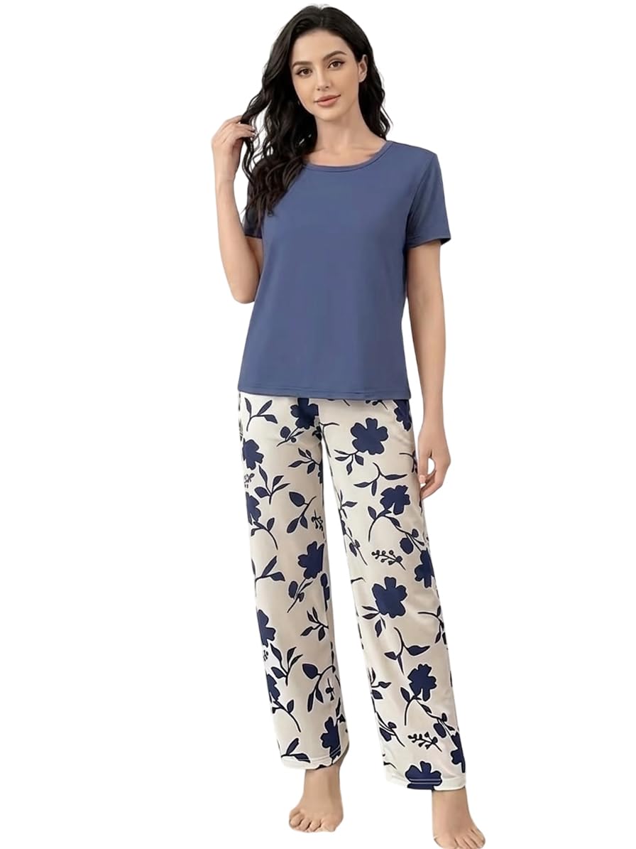 fery london Women’s 2-Piece Pajama Set – Short Sleeve Top & Pants Lounge Set, Soft Breathable Sleepwear Night Suit for Women-picture-49