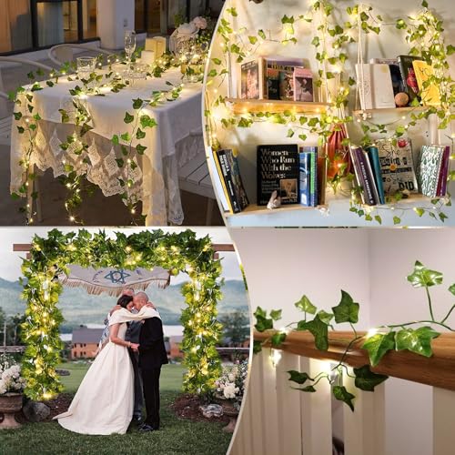 A.bigwhale Efeu Lichterketten mit Timer - Deko Frühling Innen Efeu Girlande Künstlich mit 2m 20 LED Lichterkette Akku 8 Modi USB Aufladbare Batterie, für Hochzeit Party Balkon Zimmer Aesthetic Decor