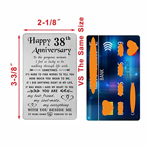 TANWIH 38th Anniversary Card for Her Wife, 38 Year Anniversary Card Gifts for Her Women, 38th Wedding Anniversary for Wife, Engraved Metal Wallet Cards2