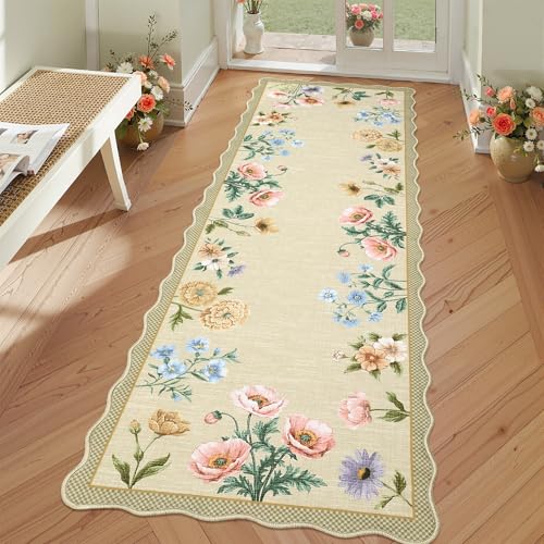 GarveeHome Floral Scalloped Kitchen Runner Rug, 2.5x10 Washable Hallway Runner Non-Slip, Soft Print Laundry Room Rug Low-Pile Stain Resistant Boho Carpet for Bathroom Bedroom Dorm, Yellow