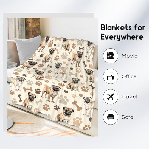 Pug Blanket with Women Men, 60x80 Inches Blanket with Dogs on it, Cozy Soft Throw Gifts for Dog Lovers, Cute Flannel Throw Blankets for Bed Couch