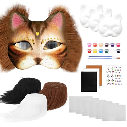 KWJEIULSOQ Therian Mask Kit 3 Blank Cat Masks 3 Adhesive Flannel 3 Faux Fur And 6 Plastic Eye Meshes Diy Creative Cat Masks to Decorate Masquerade Carnival Cosplay Halloween Party