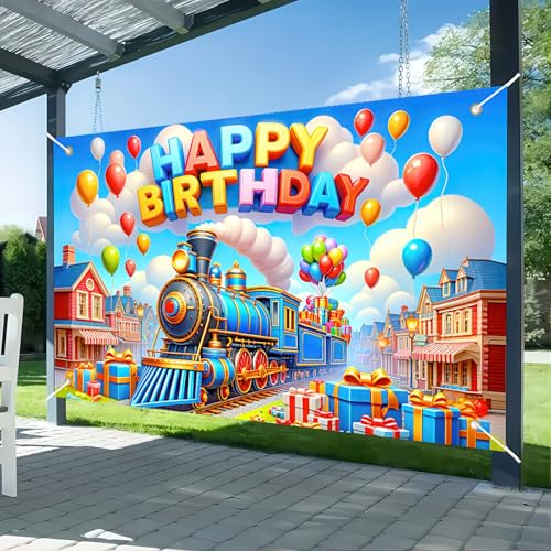 Image of BlissYard Happy Birthday Banner Colorful Train Birthday Backdrop Cartoon Train Banner Decorations Photography Background Photo Shoot Props for Boy Girl Kid Train Birthday Party Backdrop 71 x 43 Inch
