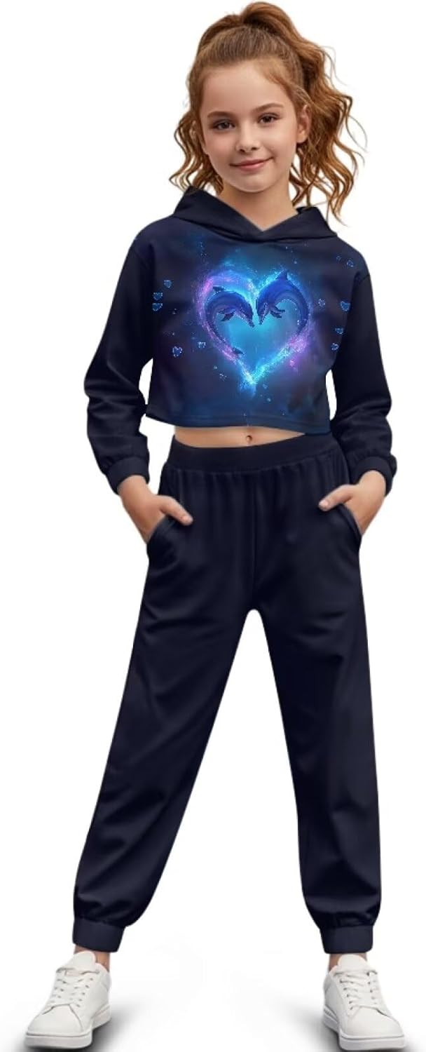 Girls Clothing Sets Cute Sweat Set Size 4-13 Fashion Animal Hoodie Kids Crop Top Tapered Pants Fall Winter Spring