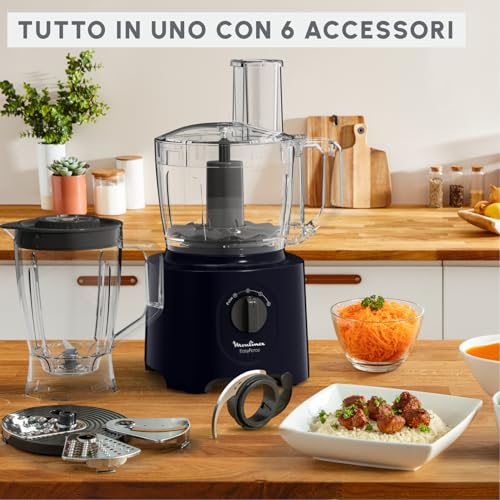 Robot da cucina multifunzione Moulinex Easy Force, 800 W, 25 funzioni, 2 velocità + Pulse, 6 accessori di cui 1 frullatore incluso, Compact FP247810, Blu notte - Immagine 1