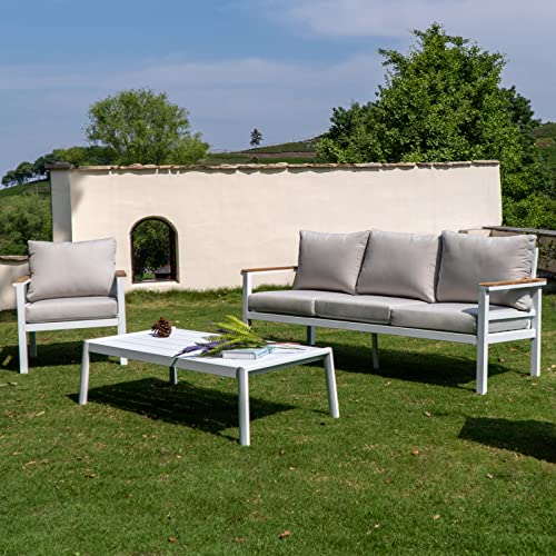 Outdoor Aluminum Furniture Sets 4 Pieces Outdoor Sofa Set Patio Sectional Chat Sofa Conversation Set With Coffee Table, White Frame #TOP5