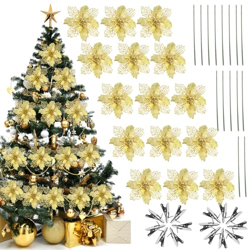 Dwafill Fiori di Natale, 15 Pezzi 14 * 14CM Grandi per Albero di Natale, Fiocchi da Clip Poli, Può Essere Appeso, Fissato o Incollato (Oro)
