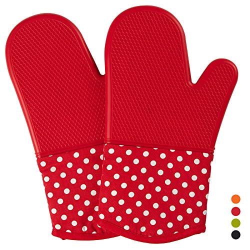 Heat Resistant Silicone Kitchen Oven Mitts Extra Long Flexible Professional Oven Mitt for 572°F Set of 2 Oven Gloves with Quilted Liner for BBQ Cooking Protect Hands from Hot Surfaces Red 13 Inch