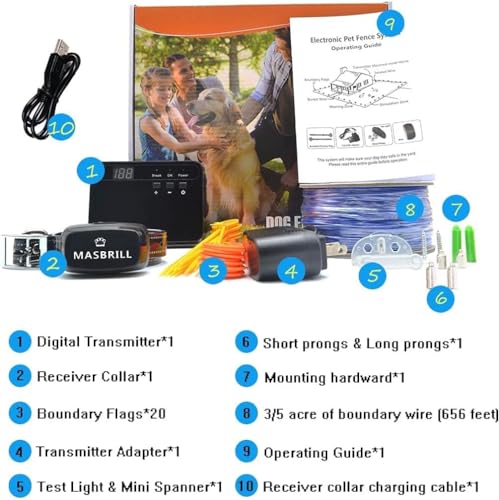 MASBRILL Electric Fence for Dogs, Underground Dog Fence System with Waterproof Rechargeable Training Collar, Tone Shock Correction, Covers up to 3/4 Acre