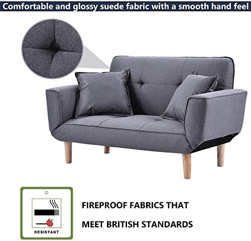 HOOSENG Small Sofa Bed Modern 2 Seater Sofa Couch Settee Recliner Sleeper with Grab, Non-Slip Legs, Expandable Sofa Bed Loveseat for Living Room Guest Room Office, Grey, 125 x 61 x 70cm