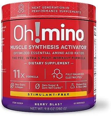 Oh!mino Sugar-and-Stimulant-Free Pre Workout Powder, Amino Energy Blend, Intra Workout or Post Workout Recovery Drink, Muscle Synthesis Activator, Berry Blast, 280 g, 40 Servings - Oh!Nutrition