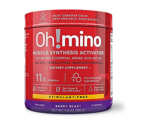 Oh!Mino Sugar-And-Stimulant-Free Pre Workout Powder, Amino Energy Blend, Intra Workout Or Post Workout Recovery Drink, Muscle Synthesis Activator, Berry Blast, 280 G, 40 Servings - Oh!Nutrition #TOP27