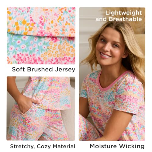 Image of Cuddl Duds 3 Piece Short Sleeve Capri Matching Lounge PJs Sets for Women | Cropped Capris Pants Boxer Shorts & Top, Sleepwear & Loungewear, Cute Sleep & PJ Set, Soft Lightweight & Breathable Pajamas