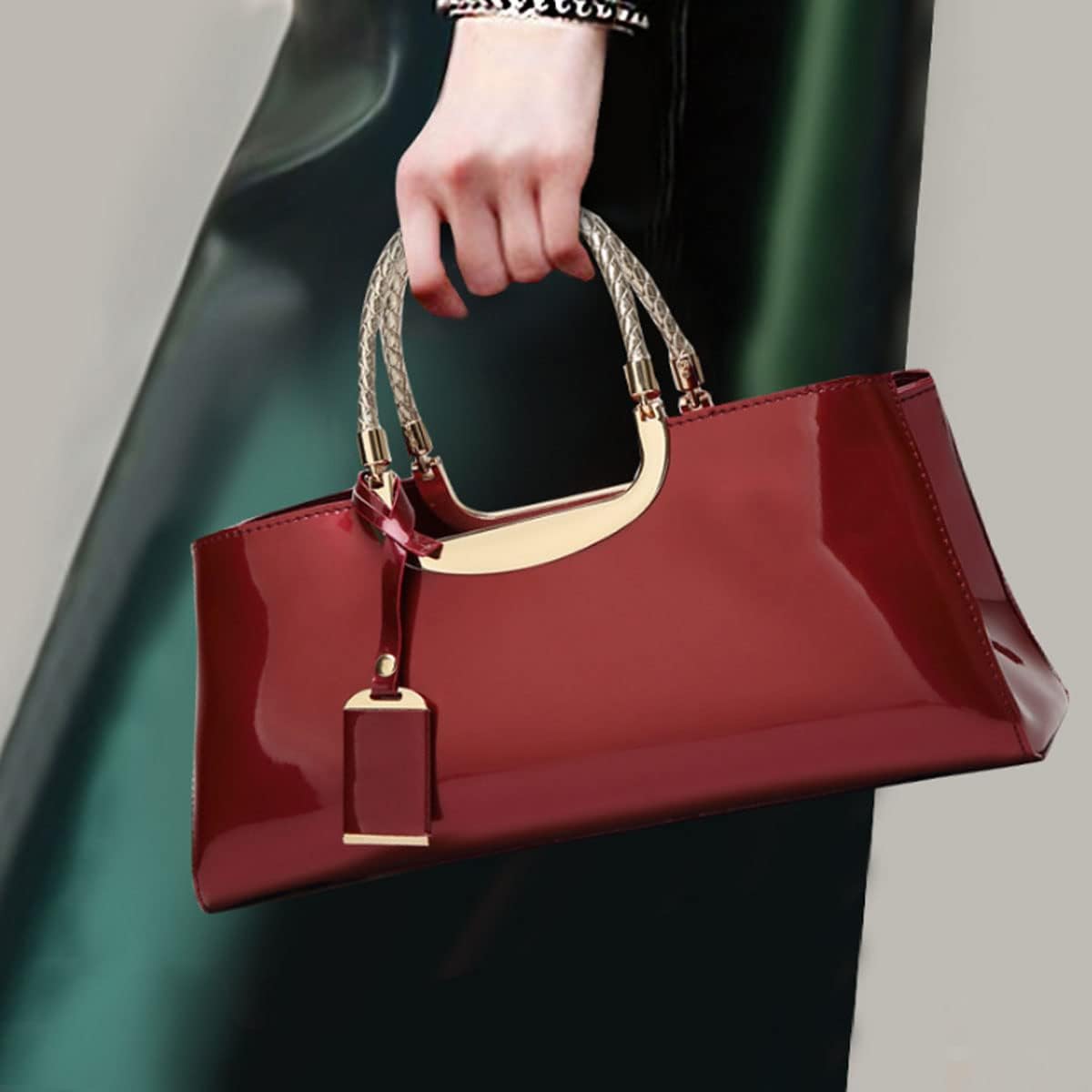 XingChen Glossy Women Handbag Faux Patent Leather Top-Handle Bag Structured Shoulder Bag Tote Evening Purse Party Satchel - Image 3