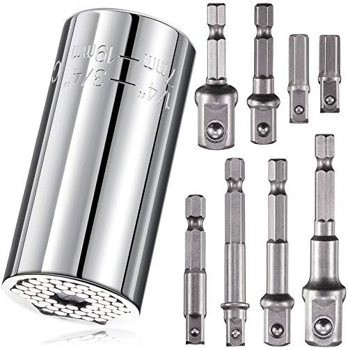 9 Pieces Universal Socket Grip Sets Adjustable Grip Socket with 8 Pieces Wrench Power Drill Adapters Socket Wrench Repair Tool Fits Standard 1/4-3/4 Inches Metric 7 mm-19 mm Socket Gadgets for Men