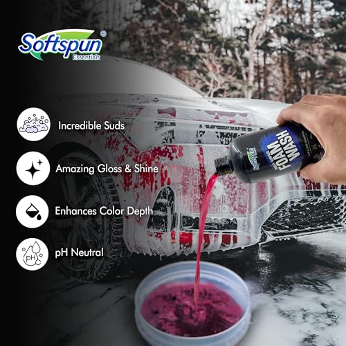 Image of SOFTSPUN Essentials Car Clean & Wash Starter Kit - Made for Cars and Motorcycles 5 Piece Kit, Total 500ml, combined (Shampoo, Windshield Washer, Tyre Polish, Multi-Purpose Cleaner, 1 Foam)