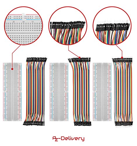 AZDelivery Breadboard Kit - Jumper Wire Cavetti Kit + 3 x Breadboard MB102 830 compatibile con Arduino incluso un E-Book!