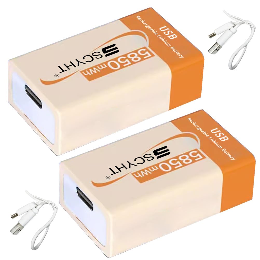 Baterie litowe USB 9 V Bateria zamienna 9 V Bateria litowo-jonowa do czujników dymu i radioodbiorników przenośnych Baterie 5850 mAh z kablem typu C,9v5850mah 2pack