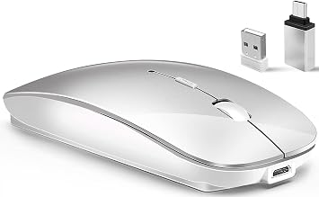 LEAPEST Wireless Bluetooth Mouse for MacBook Pro/Air/Mac/iPad/Laptop/Desktop/Mac/PC/Computer/Phone-Portable Slim Silent Office Mice with USB-C Adapter 2.4 GHz USB Mice WhiteSilver