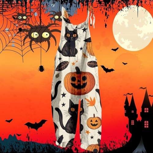 GAHIEDIM Halloween Overalls,Halloween Overalls For Women Sleeveless Pumpkin Print Rompers Adjustable Strap Baggy Casual Outfit Light Pink Large - image 3