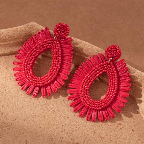 Raffia Statement Beaded Earrings Boho - Handmade Teardrop Dangle Earrings for Summer Beach Vacation4