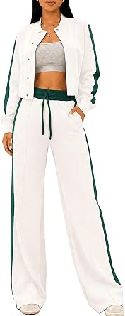 Track Suits for Women Set 2 Piece Color Block Zip Up Cropped Jacket Wide Leg Pants Casual Athleisure Outfit