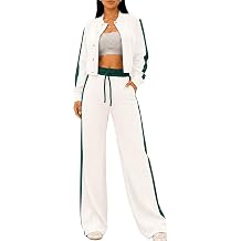 Track Suits for Women Set 2 Piece Color Block Zip Up Cropped Jacket Wide Leg Pants Casual Athleisure Outfit