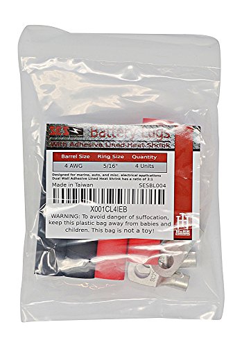 4 Pack - 4 Gauge - 5/16" Ring - Tinned Copper Marine Battery Welding Lug Terminal Connectors - Dual Wall Adhesive Heat Shrink Included #TOP5