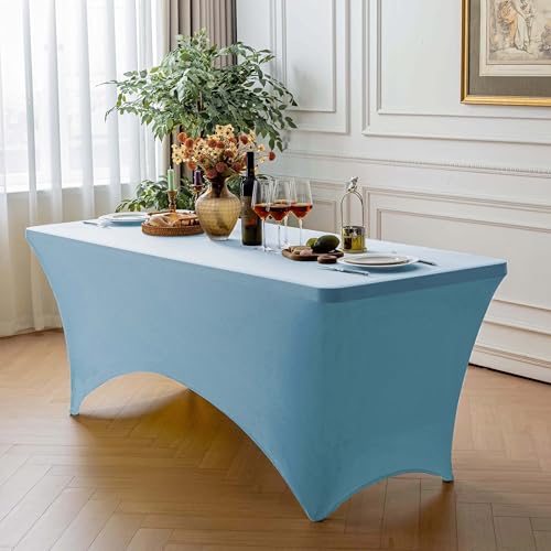 Image of FOLINS&HOME 2 Pack Baby Blue 8ft Fitted Spandex Water Resistant Tablecloth | Washable Elastic Rectangle Table Cover for 8 Foot Folding Tables, Stretch Table Cloth for Weddings, Banquets, Parties