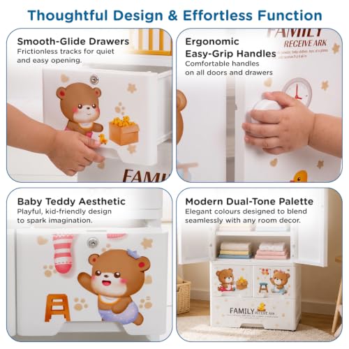 Image of Mee Mee Baby Teddy Kids Cupboard | 196L Storage Organizer | PP Plastic Kids Wardrobe with Drawers & Hanging Rod | Lockable Storage Cabinet for Baby Essentials