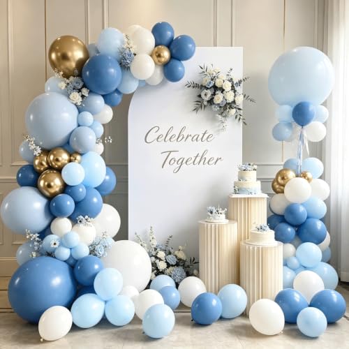Image of Zesliwy Dusty Blue White Gold Balloons Arch Kit, Latex, Party Decoration