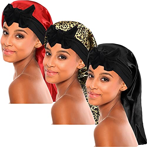 3 Pieces Long Satin Sleep Caps Large Satin Sleep Cap for Long Hair, Black Women Long Braids Bonnet, Elastic Loose Cap Bonnets Adjustable Bonnets for Black Women Dreadlocks, Braid Long Hair, Curly Hair