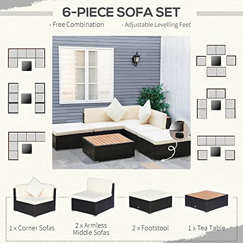 Outsunny 6 Piece Patio Furniture Set, Modular Pe Outdoor Wicker Sectional, Conversation Sofa Set With Cushions, 2 Ottomans, 3 Chairs, Coffee Table, Acacia Wood Trim, Beige #TOP6
