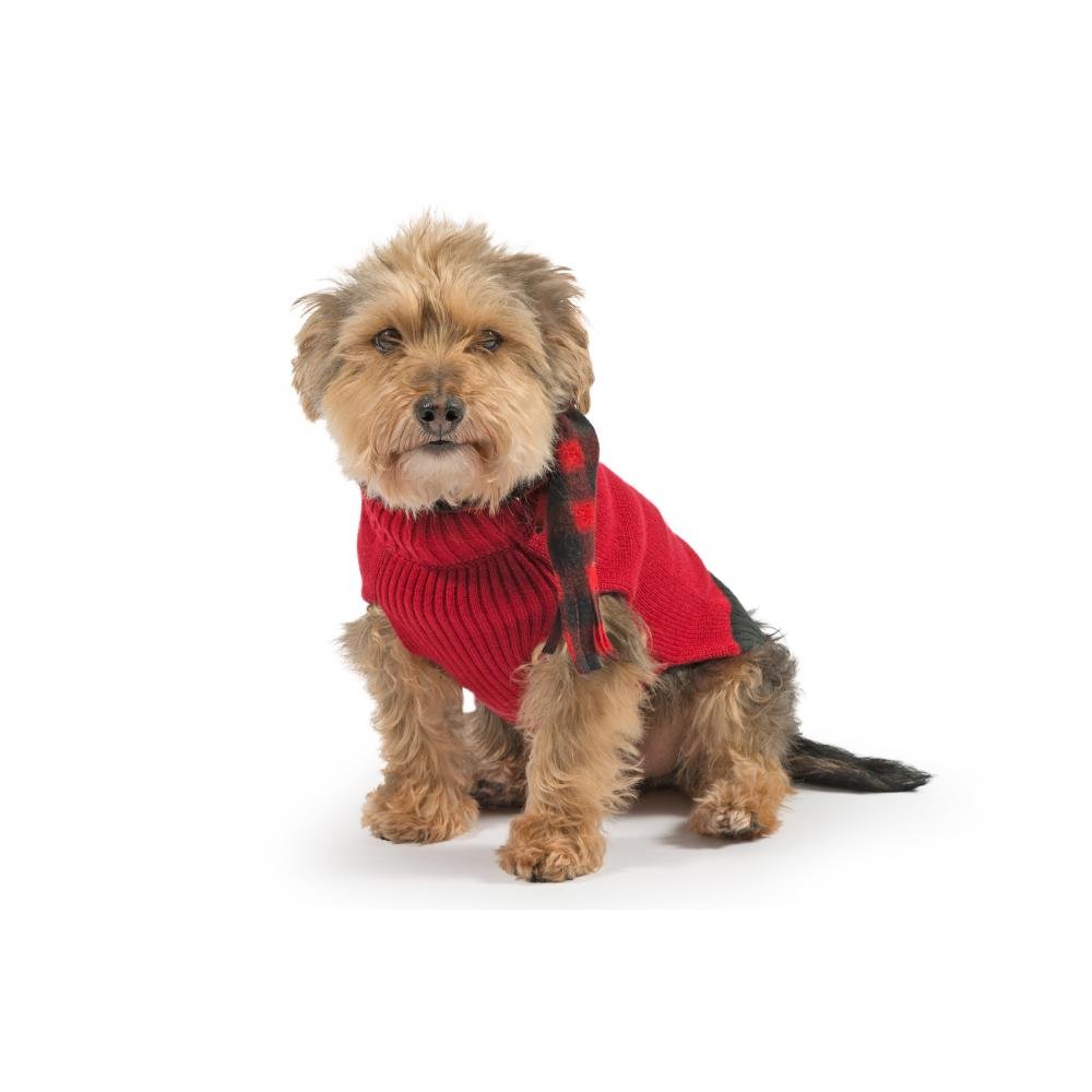Ancol Scarf Dog Jumper Red Knit with Check Pattern Scarf - Ribbed Hem and Collar for Comfort - Stylish Insulator for Cold Weather - XS