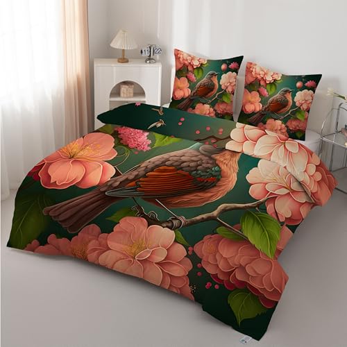Boceoey Pájaro Edredón Cama 90 Flores De Acuarela - Edredón Reversible 4 Estaciones de Microfibra, Diseño Flores Primavera, Suave Relleno Nórdico 180x220 cm y 2 Fundas de Almohada 50x75 cm AX-495