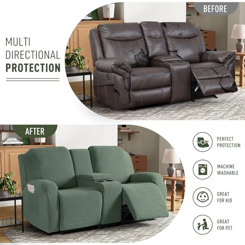 Image of KinCam Loveseat Recliner Covers with Middle Console Slipcover, Recliner Sofa Covers 2 Seat Couch Cover Stripe Jacquard Furniture Protector Covers with Elastic Bottom for Kids, Pets (Greyish Green)